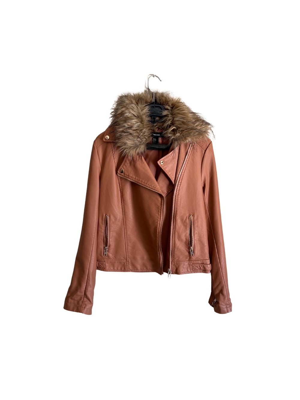 Forever 21 Rust Brown Faux Leather Moto Jacket with Faux Fur Collar